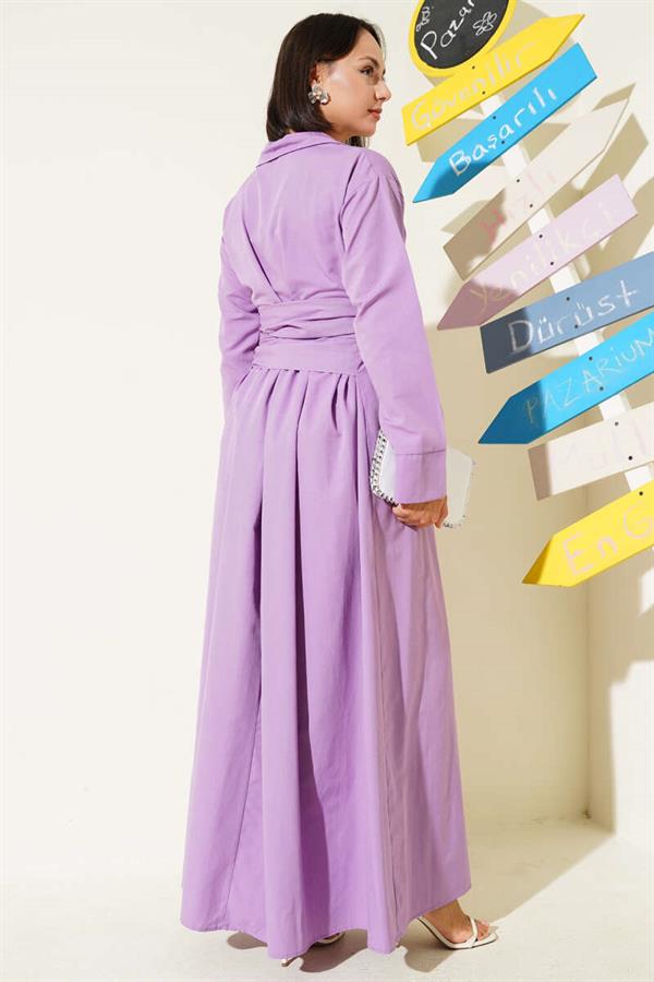 Half Buttoned Tied Terikoton Dress Lilac