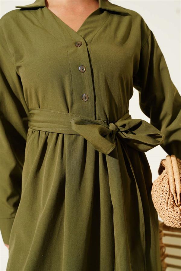 Half Buttoned Tied Terikoton Dress Khaki