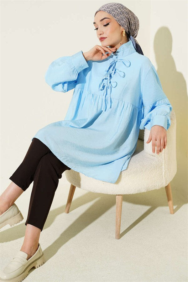 Half-Button Tie Tunic Blue
