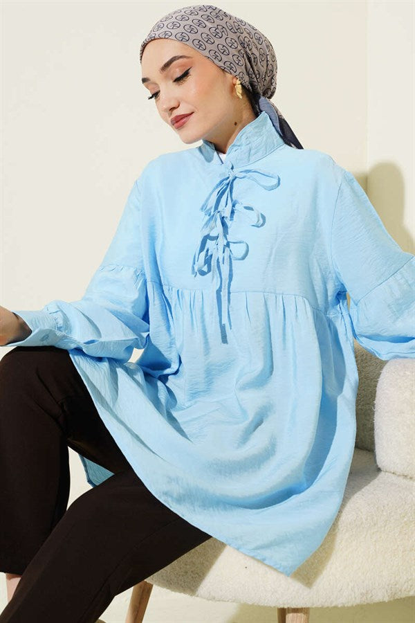 Half-Button Tie Tunic Blue