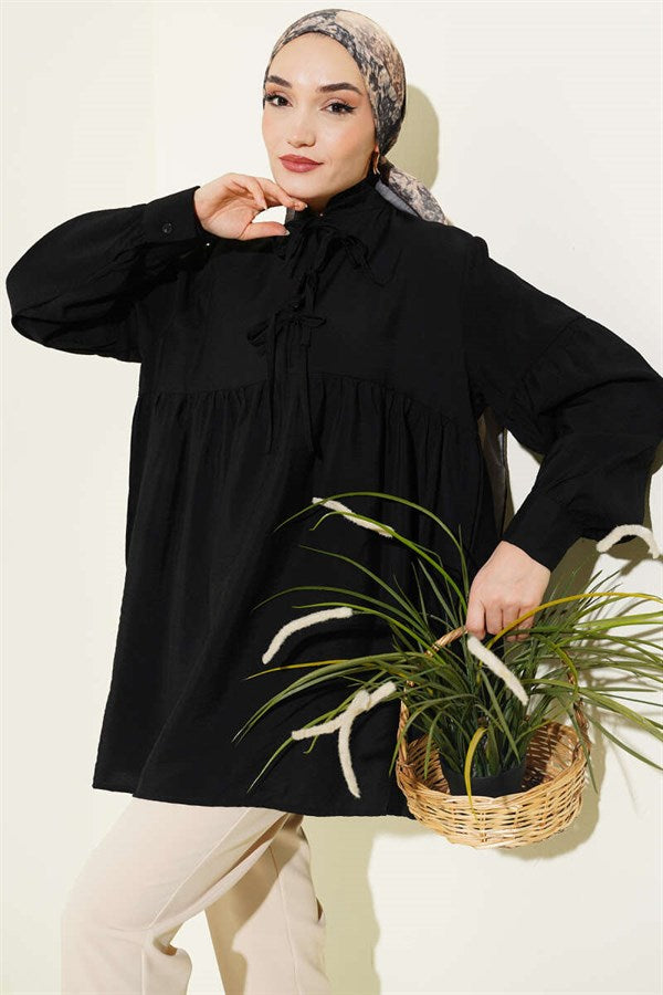 Half-Button Tie Tunic, Black