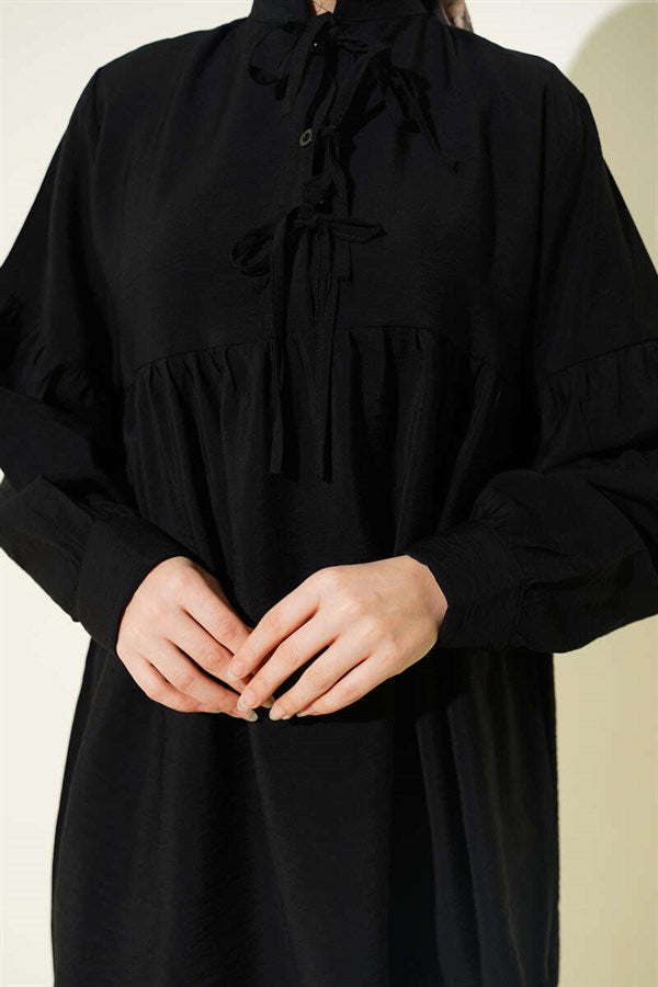 Half-Button Tie Tunic, Black