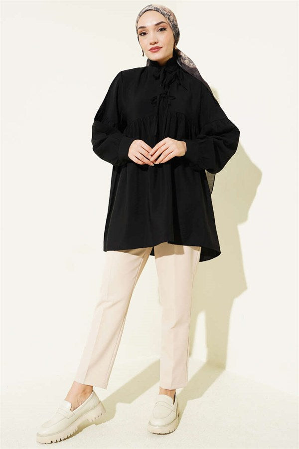 Half-Button Tie Tunic, Black