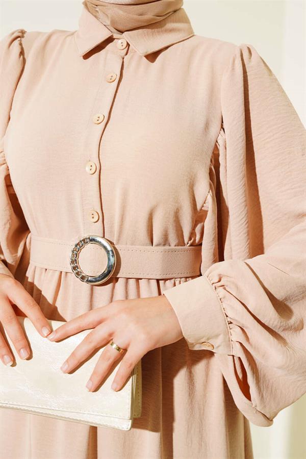 Half-Buttoned Balloon Sleeve Belted Dress Beige