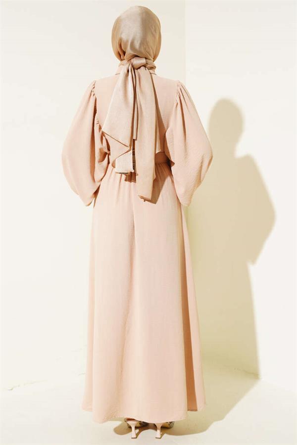 Half-Buttoned Balloon Sleeve Belted Dress Beige