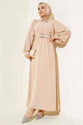 Half-Buttoned Balloon Sleeve Belted Dress Beige