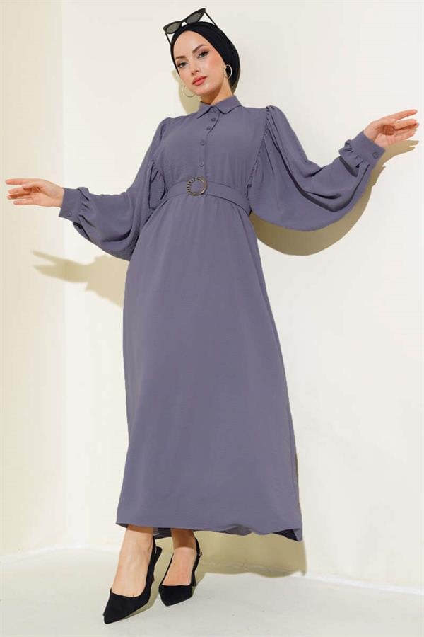 Half Buttoned Balloon Sleeve Belted Dress in Smoke