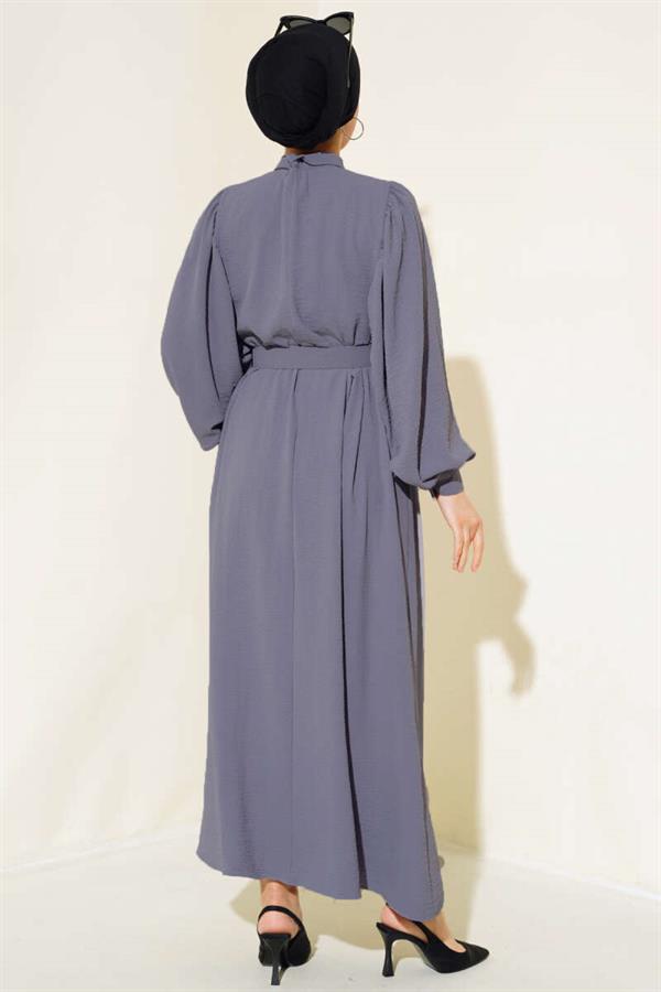 Half Buttoned Balloon Sleeve Belted Dress in Smoke