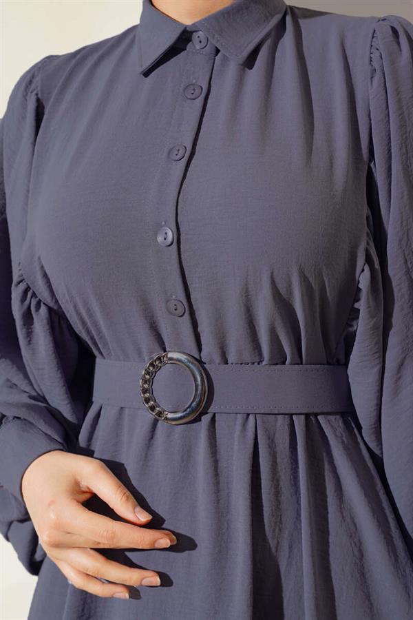 Half Buttoned Balloon Sleeve Belted Dress in Smoke