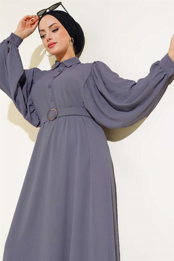 Half Buttoned Balloon Sleeve Belted Dress in Smoke