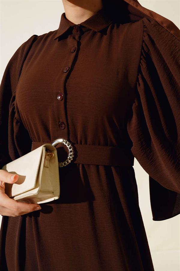 Half Buttoned Balloon Sleeve Belted Dress Brown