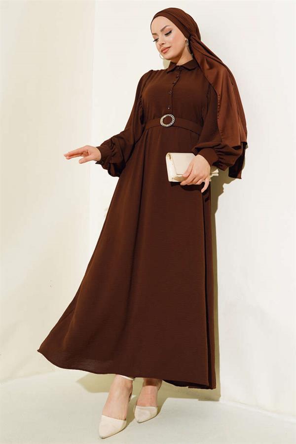 Half Buttoned Balloon Sleeve Belted Dress Brown