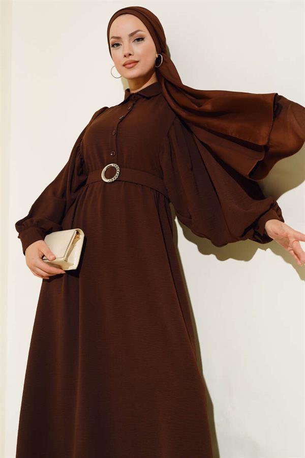 Half Buttoned Balloon Sleeve Belted Dress Brown