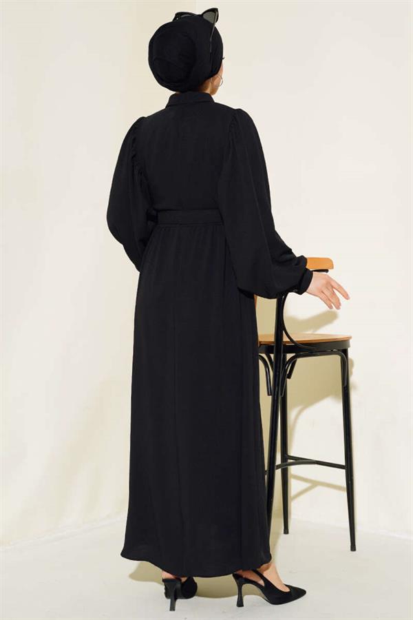 Half Buttoned Balloon Sleeve Belted Dress Black