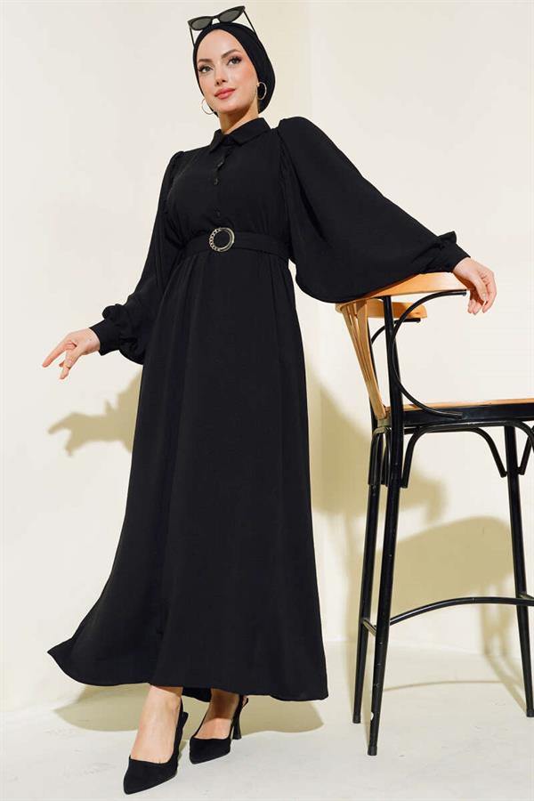 Half Buttoned Balloon Sleeve Belted Dress Black