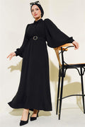 Half Buttoned Balloon Sleeve Belted Dress Black