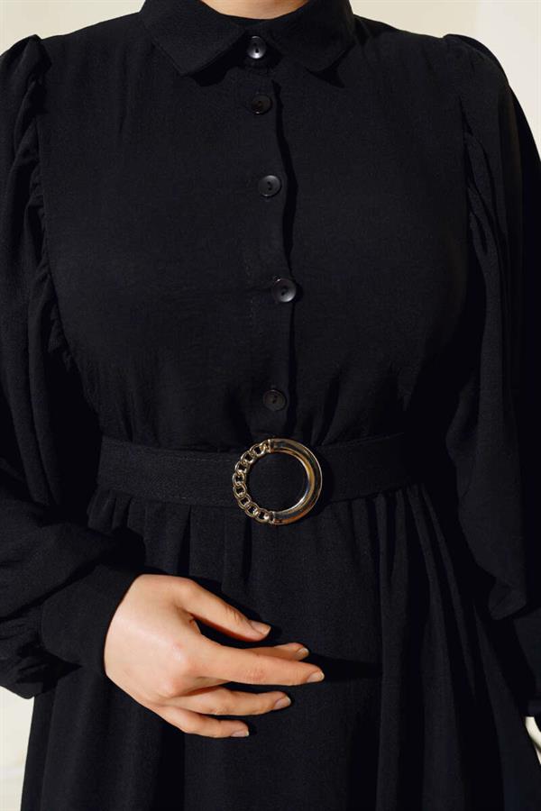 Half Buttoned Balloon Sleeve Belted Dress Black
