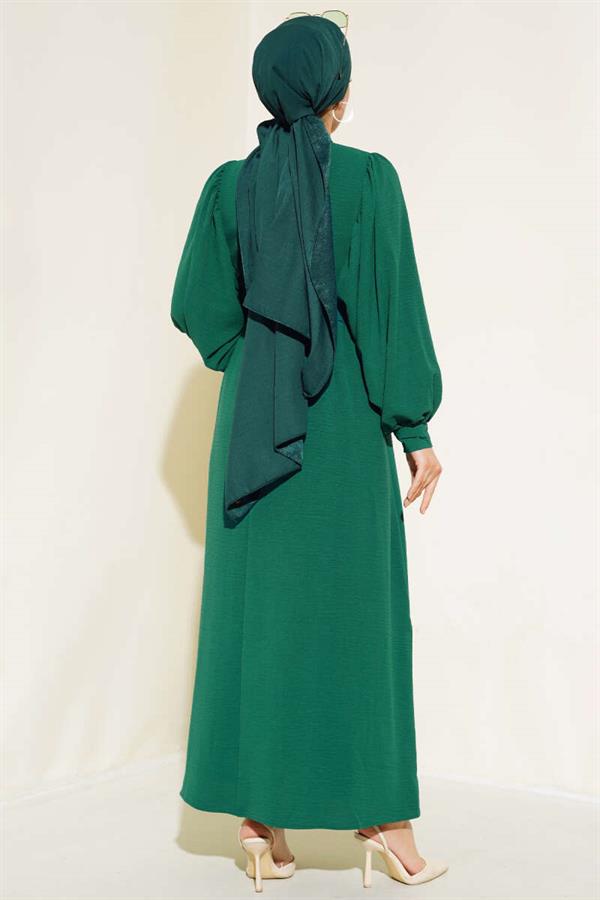 Half Buttoned Balloon Sleeve Belted Dress Emerald