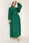 Half Buttoned Balloon Sleeve Belted Dress Emerald