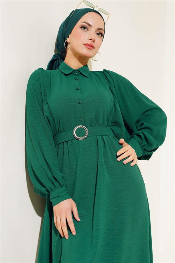 Half Buttoned Balloon Sleeve Belted Dress Emerald