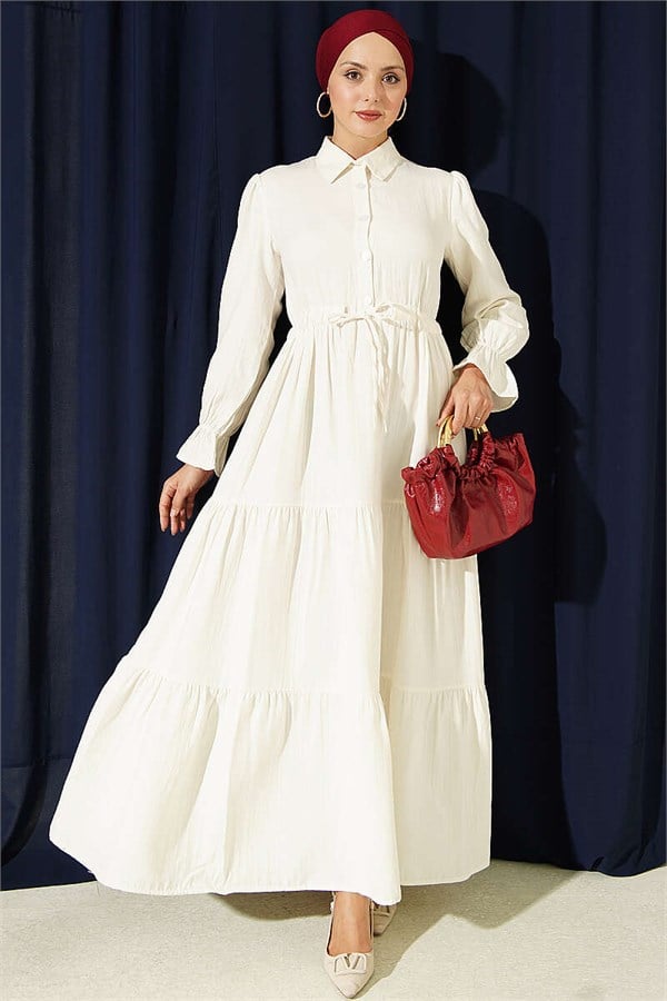 Half-Button Waist Tunnel Dress, Ecru