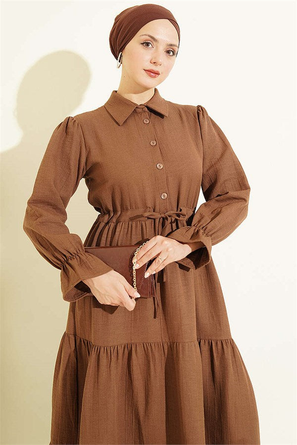 Half-Button Waist Tunnel Dress, Brown
