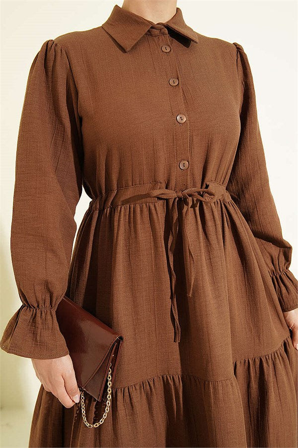 Half-Button Waist Tunnel Dress, Brown