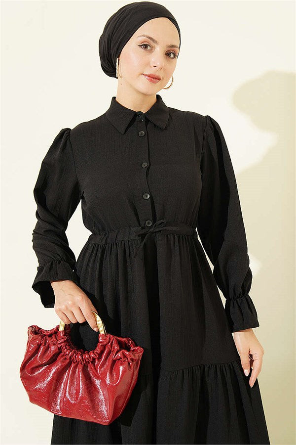 Half-Button Waist Tunnel Dress Black