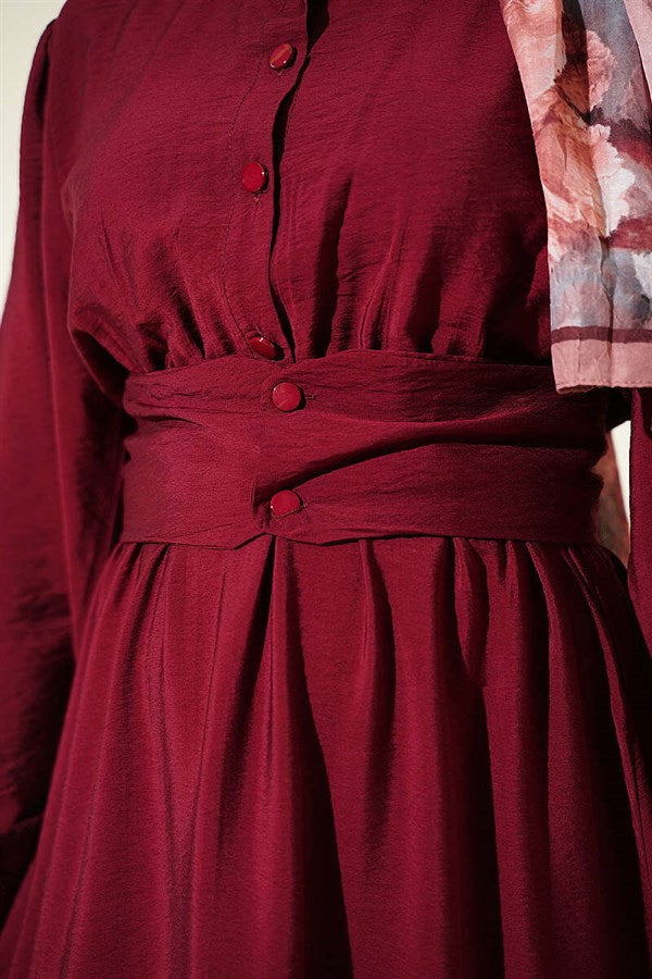 Half-Buttoned Belted Dress in Burgundy