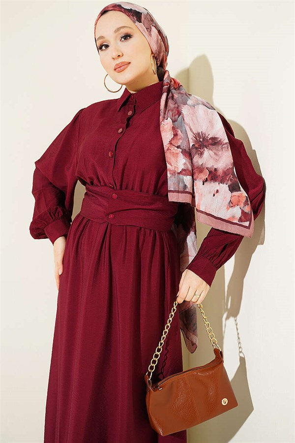 Half-Buttoned Belted Dress in Burgundy