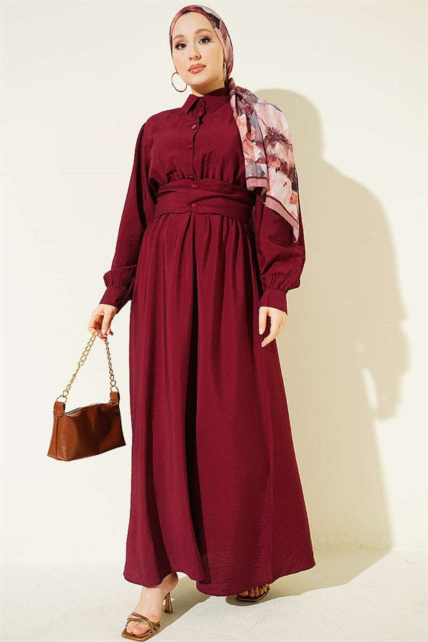 Half-Buttoned Belted Dress in Burgundy