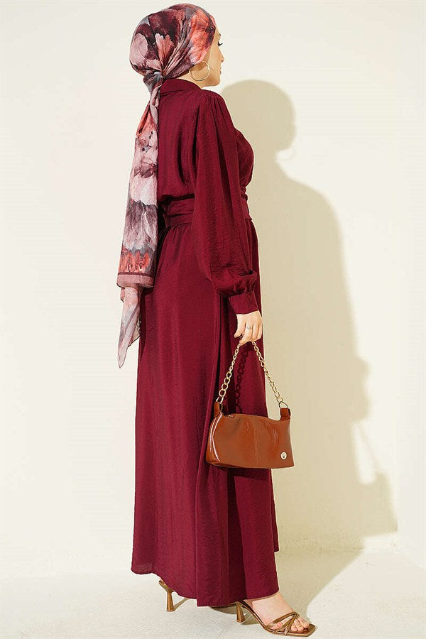 Half-Buttoned Belted Dress in Burgundy
