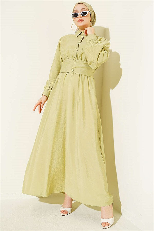 Half-Button Belted Dress in Sage Green