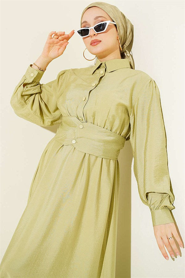 Half-Button Belted Dress in Sage Green