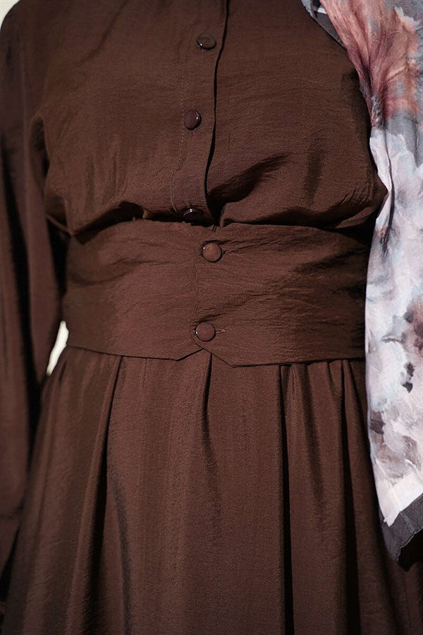 Half-Button Belted Dress in Brown