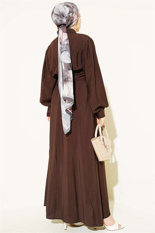 Half-Button Belted Dress in Brown
