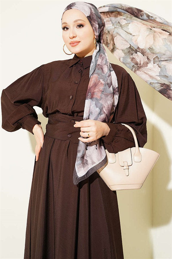 Half-Button Belted Dress in Brown