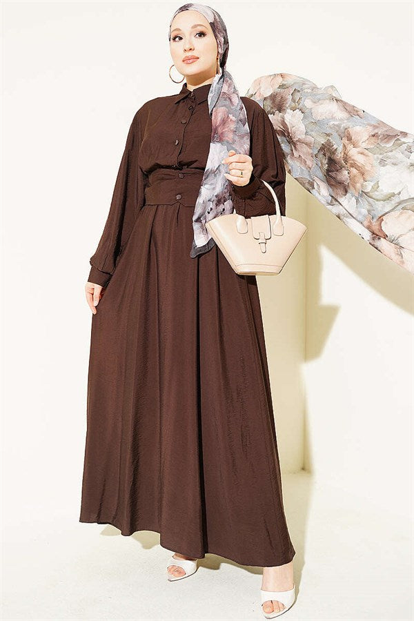 Half-Button Belted Dress in Brown