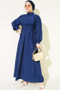 Half-Button Belted Dress, Navy Blue