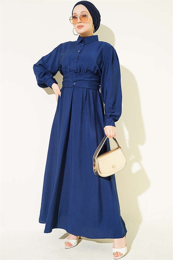 Half-Button Belted Dress, Navy Blue
