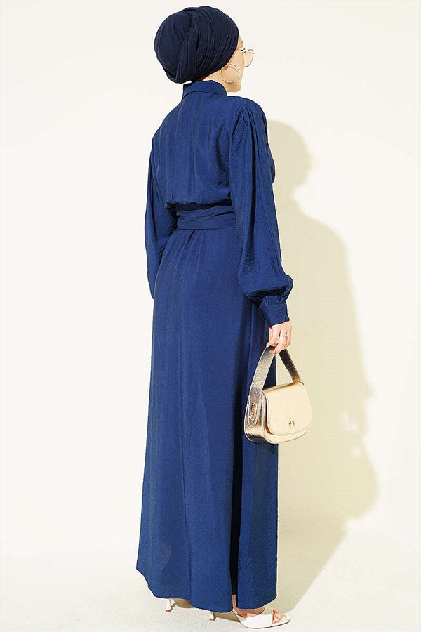 Half-Button Belted Dress, Navy Blue