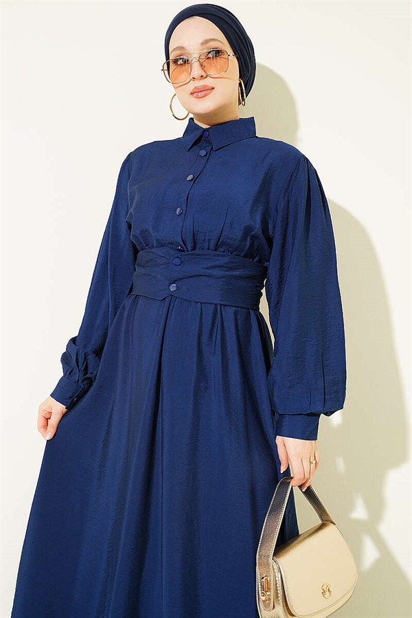 Half-Button Belted Dress, Navy Blue