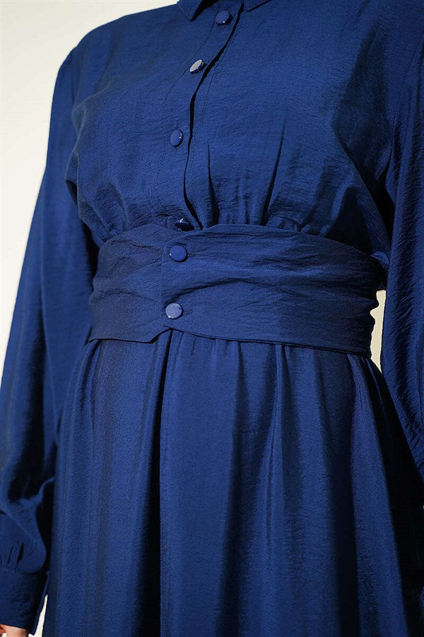 Half-Button Belted Dress, Navy Blue