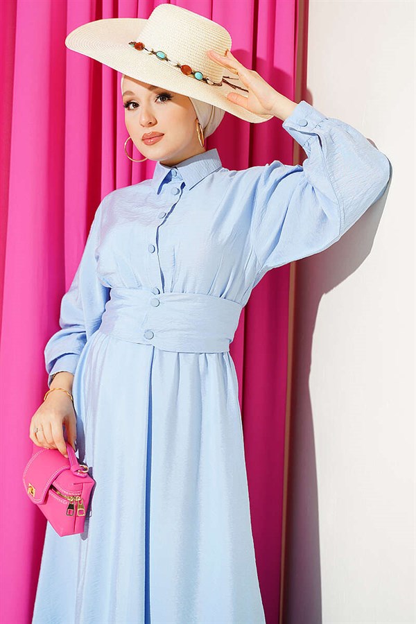 Half-Button Belted Dress, Blue