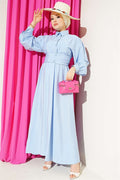Half-Button Belted Dress, Blue