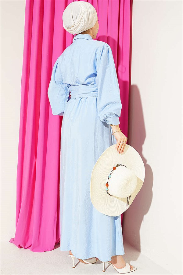 Half-Button Belted Dress, Blue