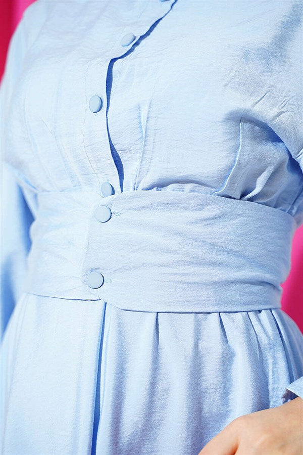 Half-Button Belted Dress, Blue