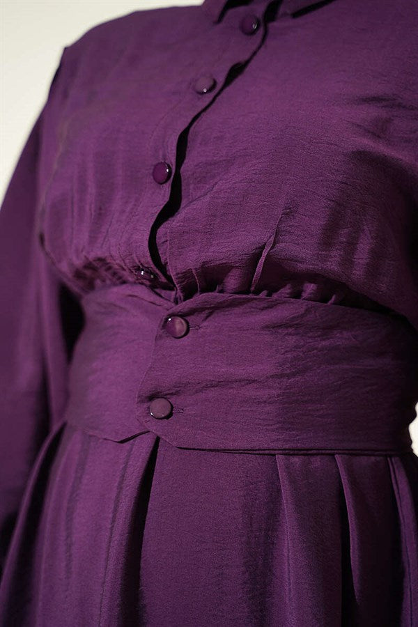 Half-Buttoned Belted Dress in Plum