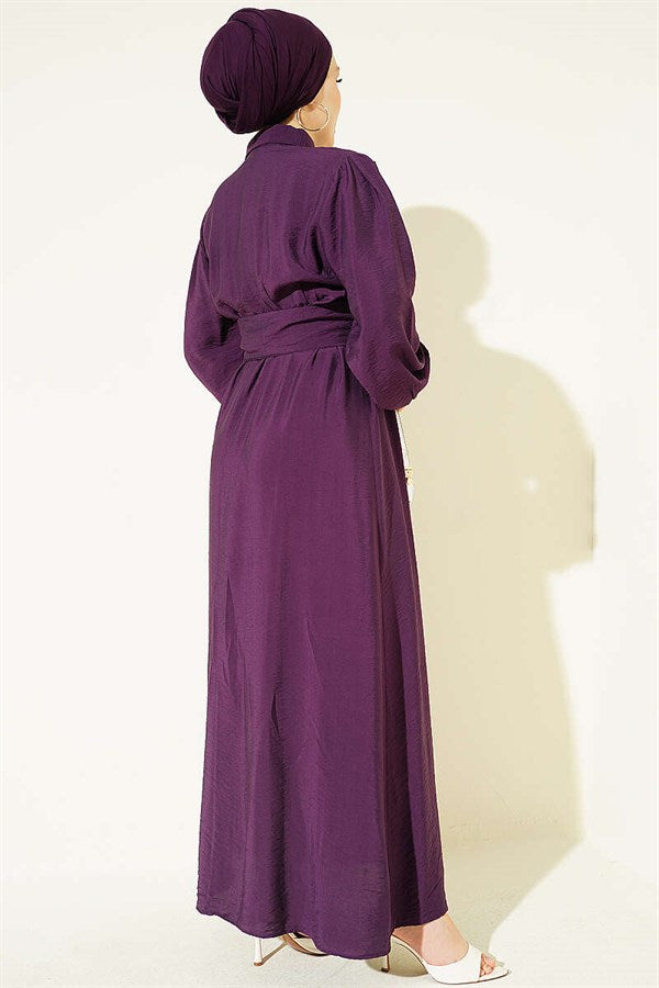 Half-Buttoned Belted Dress in Plum