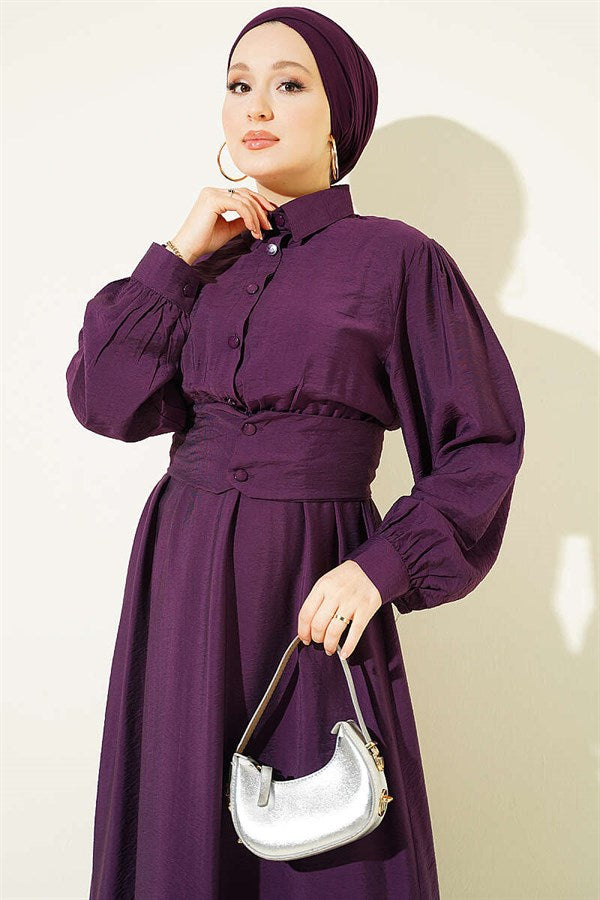 Half-Buttoned Belted Dress in Plum